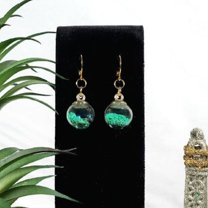 Green Confetti in Miniature Globe Earrings, Festive Christmas Party Dangle