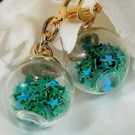 Green Confetti in Miniature Globe Earrings, Festive Christmas Party Dangle