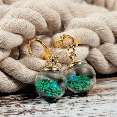 Green Confetti in Miniature Globe Earrings, Festive Christmas Party Dangle