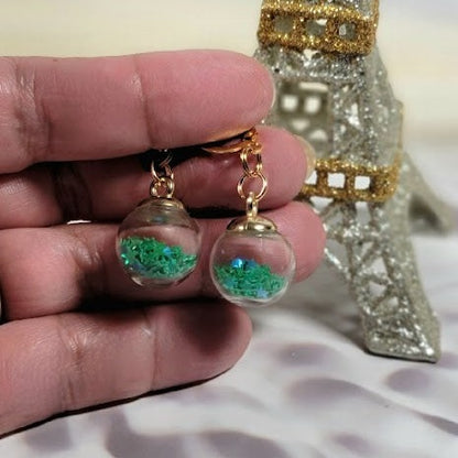 Green Confetti in Miniature Globe Earrings, Festive Christmas Party Dangle