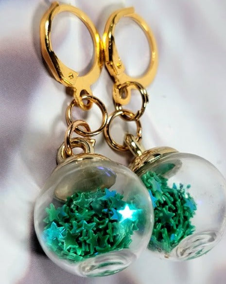 Green Confetti in Miniature Globe Earrings, Festive Christmas Party Dangle