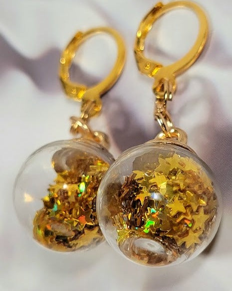 Gold Confetti in Miniature Globe Earring, Festive Christmas Party Dangle, Classy Holiday Jewelry