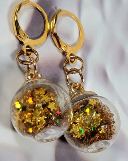 Gold Confetti in Miniature Globe Earring, Festive Christmas Party Dangle, Classy Holiday Jewelry