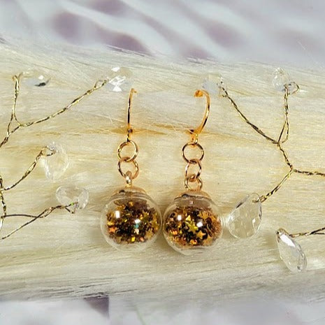 Gold Confetti in Miniature Globe Earring, Festive Christmas Party Dangle, Classy Holiday Jewelry