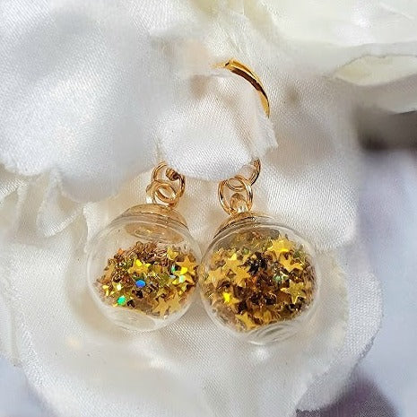 Gold Confetti in Miniature Globe Earring, Festive Christmas Party Dangle, Classy Holiday Jewelry