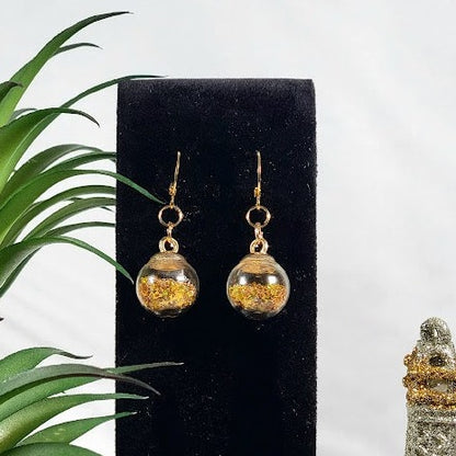 Gold Confetti in Miniature Globe Earring, Festive Christmas Party Dangle, Classy Holiday Jewelry