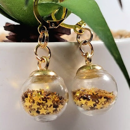 Gold Confetti in Miniature Globe Earring, Festive Christmas Party Dangle, Classy Holiday Jewelry