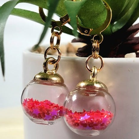 Red Confetti in Miniature Globe Earring, Christmas Party Dangle, Classy Holiday Pendant, Small Festive Drop