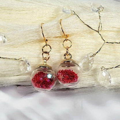 Red Confetti in Miniature Globe Earring, Christmas Party Dangle, Classy Holiday Pendant, Small Festive Drop