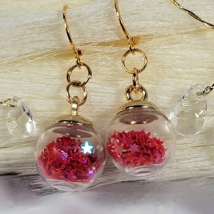 Red Confetti in Miniature Globe Earring, Christmas Party Dangle, Classy Holiday Pendant, Small Festive Drop