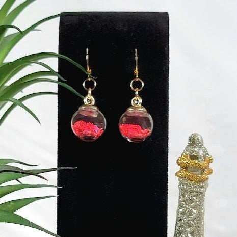 Red Confetti in Miniature Globe Earring, Christmas Party Dangle, Classy Holiday Pendant, Small Festive Drop