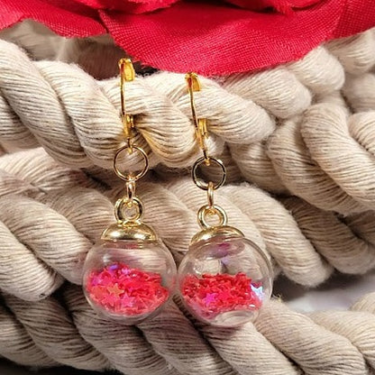 Red Confetti in Miniature Globe Earring, Christmas Party Dangle, Classy Holiday Pendant, Small Festive Drop