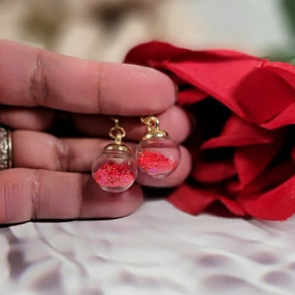 Red Confetti in Miniature Globe Earring, Christmas Party Dangle, Classy Holiday Pendant, Small Festive Drop