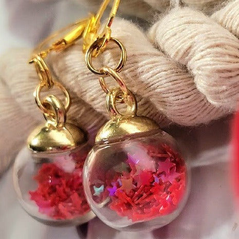 Red Confetti in Miniature Globe Earring, Christmas Party Dangle, Classy Holiday Pendant, Small Festive Drop