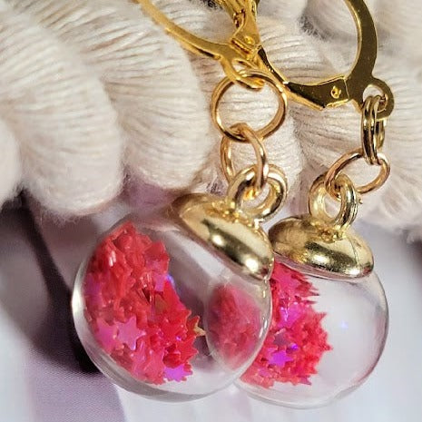 Red Confetti in Miniature Globe Earring, Christmas Party Dangle, Classy Holiday Pendant, Small Festive Drop