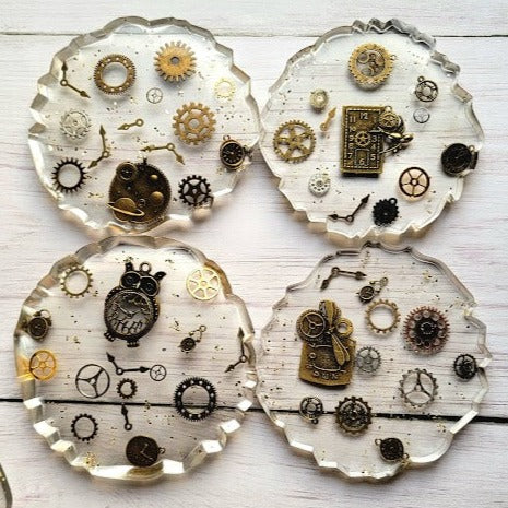 Stylish Steampunk Decorative Tray & Coaster Set, Industrial Design Kitchen Platter, Modern Entertaining Set, Unique Artful Table Decoration