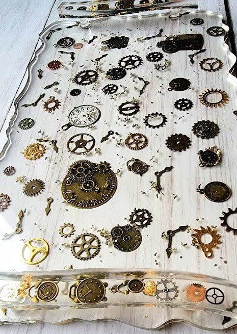 Bandeja decorativa Steampunk hecha a mano y juego de posavasos, plato de cocina de diseño industrial, juego de entretenimiento moderno, decoración de mesa artística única