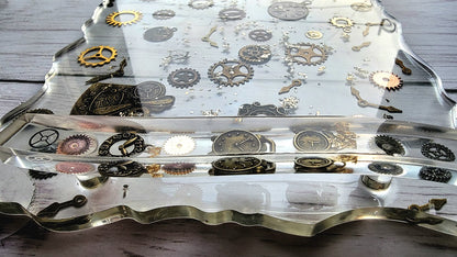 Bandeja decorativa Steampunk hecha a mano y juego de posavasos, plato de cocina de diseño industrial, juego de entretenimiento moderno, decoración de mesa artística única