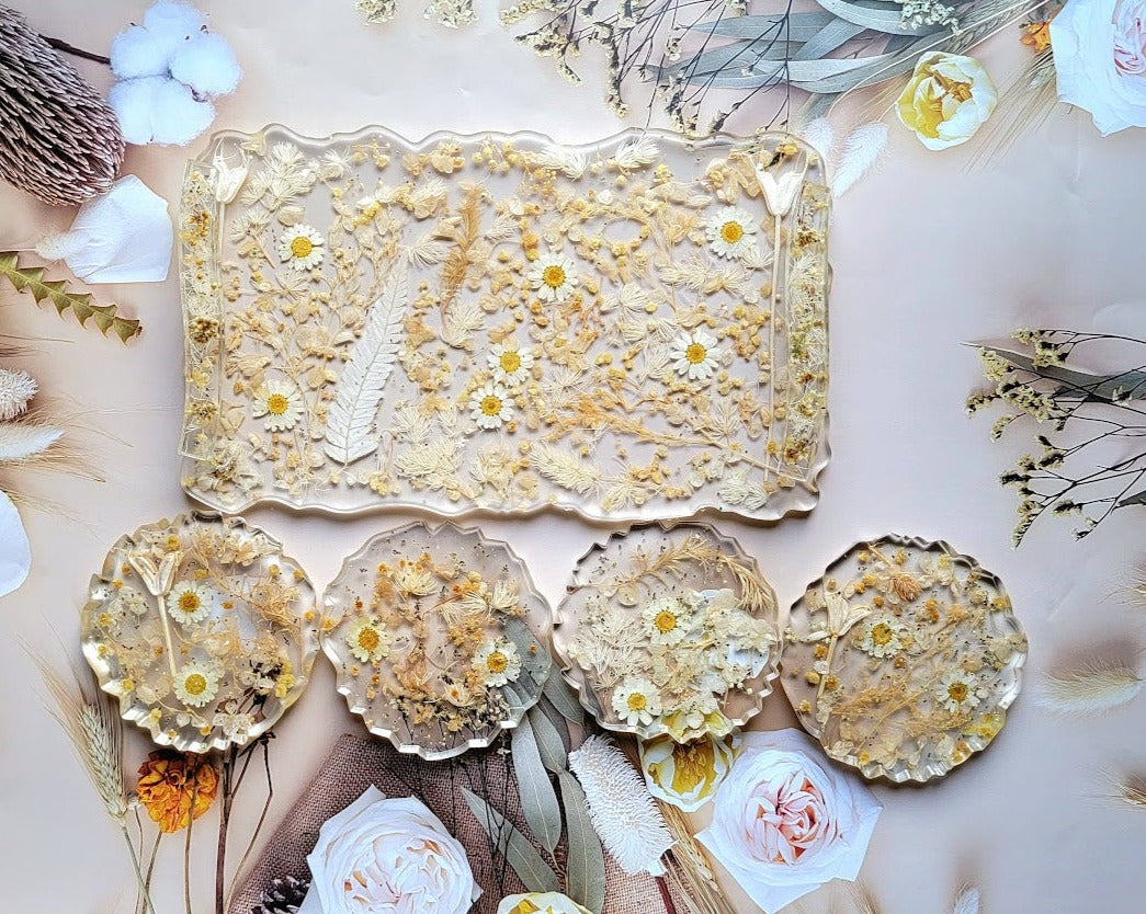 Juego de posavasos y bandeja decorativa con follaje de margarita blanca, posavasos hechos a mano con flores reales, multifuncional para reuniones festivas