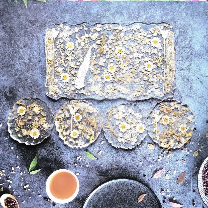 Ensemble de plateaux et de dessous de verre décoratifs à feuillage de marguerite blanche, sous-verres fabriqués à la main avec de vraies fleurs, multifonctionnels pour les rassemblements festifs