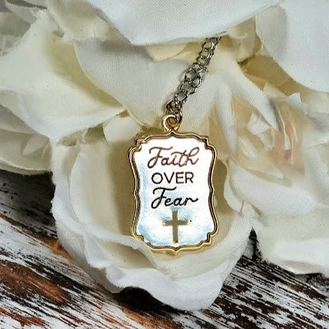 Faith Over Fear Engraved Necklace, Elegant Christian Pendant ,Religious Gift for Special Occasion, Inspirational Words Accessory