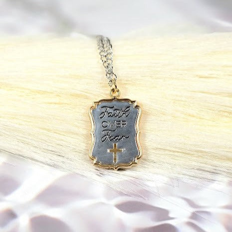 Faith Over Fear Engraved Necklace, Elegant Christian Pendant ,Religious Gift for Special Occasion, Inspirational Words Accessory