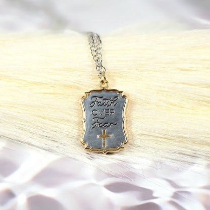 Faith Over Fear Engraved Necklace, Elegant Christian Pendant ,Religious Gift for Special Occasion, Inspirational Words Accessory