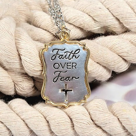 Faith Over Fear Engraved Necklace, Elegant Christian Pendant ,Religious Gift for Special Occasion, Inspirational Words Accessory