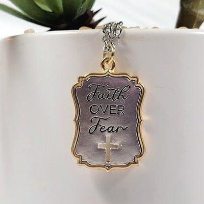 Faith Over Fear Engraved Necklace, Elegant Christian Pendant ,Religious Gift for Special Occasion, Inspirational Words Accessory