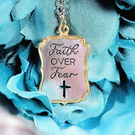 Faith Over Fear Engraved Necklace, Elegant Christian Pendant ,Religious Gift for Special Occasion, Inspirational Words Accessory