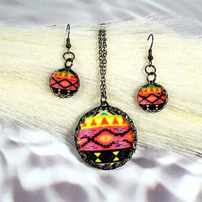 Red & Black Ethnic Tribal Necklace and Earring Set, Chic Southwestern Jewelry Set