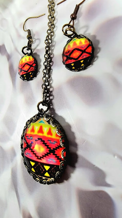 Red & Black Ethnic Tribal Necklace and Earring Set, Chic Southwestern Jewelry Set