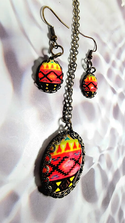 Red & Black Ethnic Tribal Necklace and Earring Set, Chic Southwestern Jewelry Set