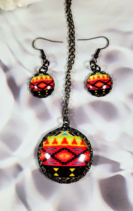 Red & Black Ethnic Tribal Necklace and Earring Set, Chic Southwestern Jewelry Set