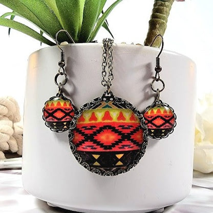 Red & Black Ethnic Tribal Necklace and Earring Set, Chic Southwestern Jewelry Set