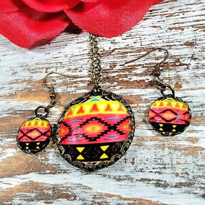 Red & Black Ethnic Tribal Necklace and Earring Set, Chic Southwestern Jewelry Set