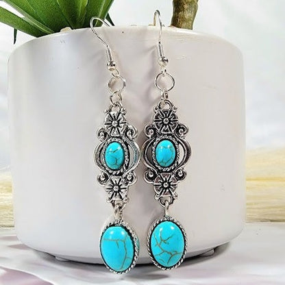 Faux Turquoise Oasis Earring, Elegant Long Dangle, Howlite Oval Pendants, Serene Ocean-Inspired Jewelry, Timeless Elegant Accessory