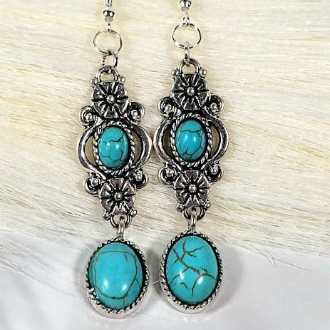 Faux Turquoise Oasis Earring, Elegant Long Dangle, Howlite Oval Pendants, Serene Ocean-Inspired Jewelry, Timeless Elegant Accessory