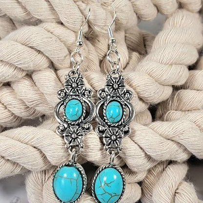 Faux Turquoise Oasis Earring, Elegant Long Dangle, Howlite Oval Pendants, Serene Ocean-Inspired Jewelry, Timeless Elegant Accessory