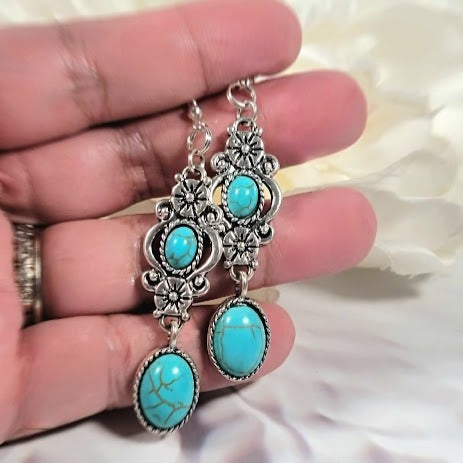 Faux Turquoise Oasis Earring, Elegant Long Dangle, Howlite Oval Pendants, Serene Ocean-Inspired Jewelry, Timeless Elegant Accessory