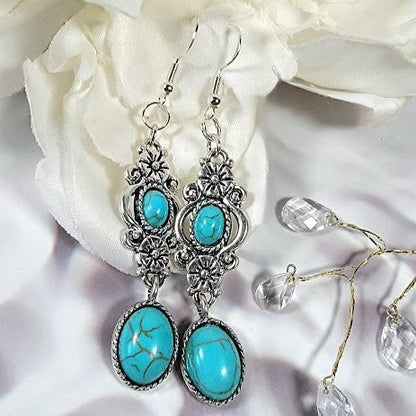 Faux Turquoise Oasis Earring, Elegant Long Dangle, Howlite Oval Pendants, Serene Ocean-Inspired Jewelry, Timeless Elegant Accessory