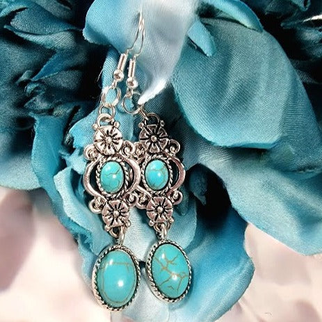 Faux Turquoise Oasis Earring, Elegant Long Dangle, Howlite Oval Pendants, Serene Ocean-Inspired Jewelry, Timeless Elegant Accessory