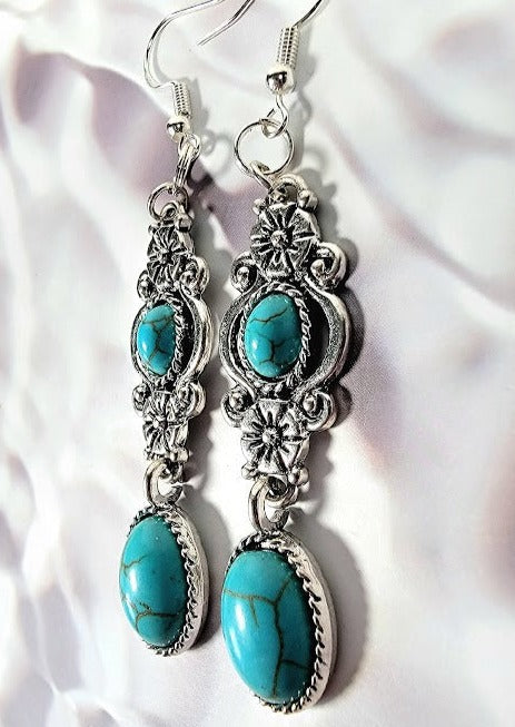 Faux Turquoise Oasis Earring, Elegant Long Dangle, Howlite Oval Pendants, Serene Ocean-Inspired Jewelry, Timeless Elegant Accessory