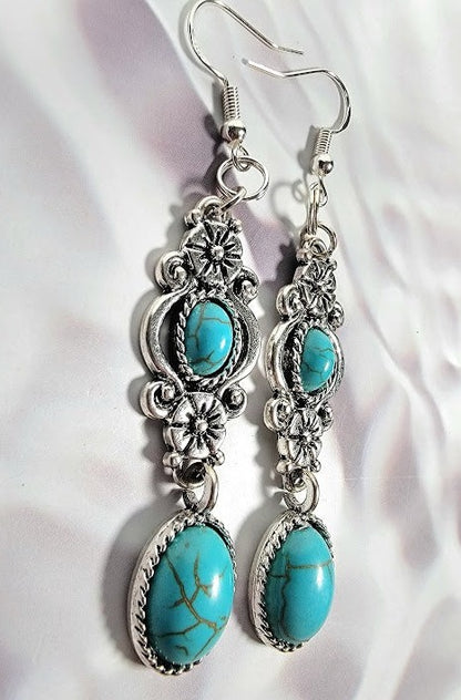 Faux Turquoise Oasis Earring, Elegant Long Dangle, Howlite Oval Pendants, Serene Ocean-Inspired Jewelry, Timeless Elegant Accessory