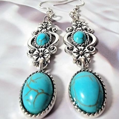 Faux Turquoise Oasis Earring, Elegant Long Dangle, Howlite Oval Pendants, Serene Ocean-Inspired Jewelry, Timeless Elegant Accessory