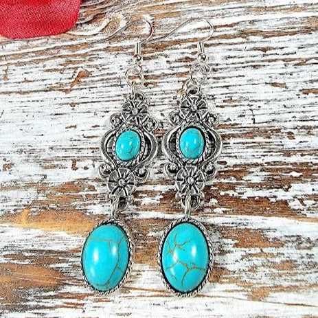 Faux Turquoise Oasis Earring, Elegant Long Dangle, Howlite Oval Pendants, Serene Ocean-Inspired Jewelry, Timeless Elegant Accessory