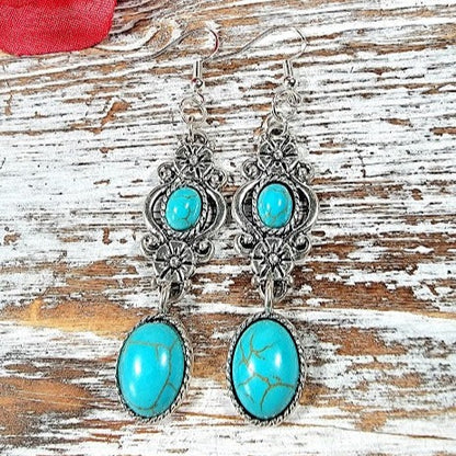 Faux Turquoise Oasis Earring, Elegant Long Dangle, Howlite Oval Pendants, Serene Ocean-Inspired Jewelry, Timeless Elegant Accessory