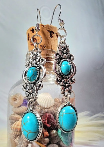 Boucle d’oreille Turquoise Oasis, Long Dangle élégant, Pendentifs ovales Howlite, Design serein inspiré de l’océan, Mode élégante intemporelle, Inspiré de la nature