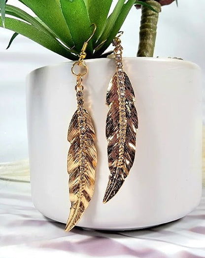 Timeless Golden Plume Earring, Elegant Long Dangle for Special Events, Face Framing Accessory, Unique Goddess-Inspired for Wedding & Gala