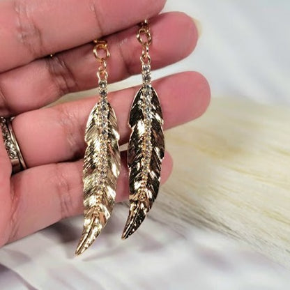 Timeless Golden Plume Earring, Elegant Long Dangle for Special Events, Face Framing Accessory, Unique Goddess-Inspired for Wedding & Gala